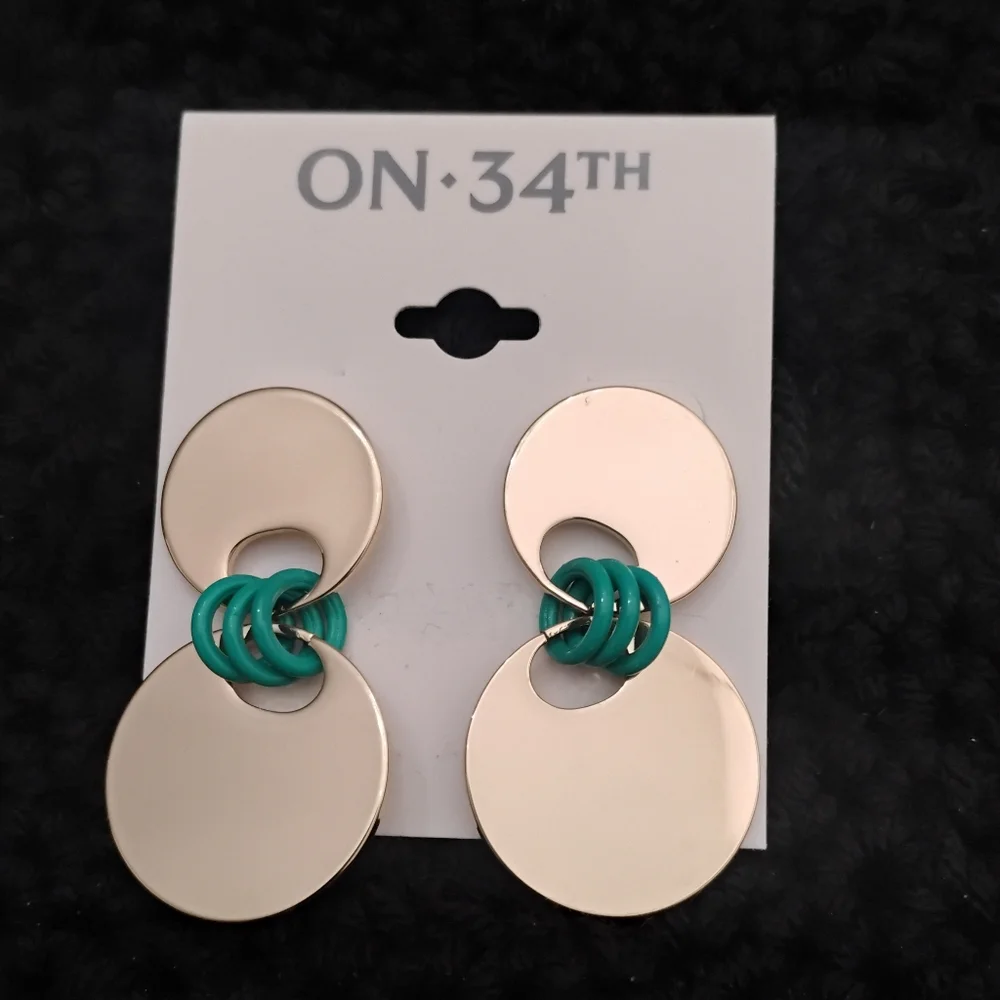 ON 34th Gold-Tone Disc & Blue-Green Color Ring Drop Earrings NWT